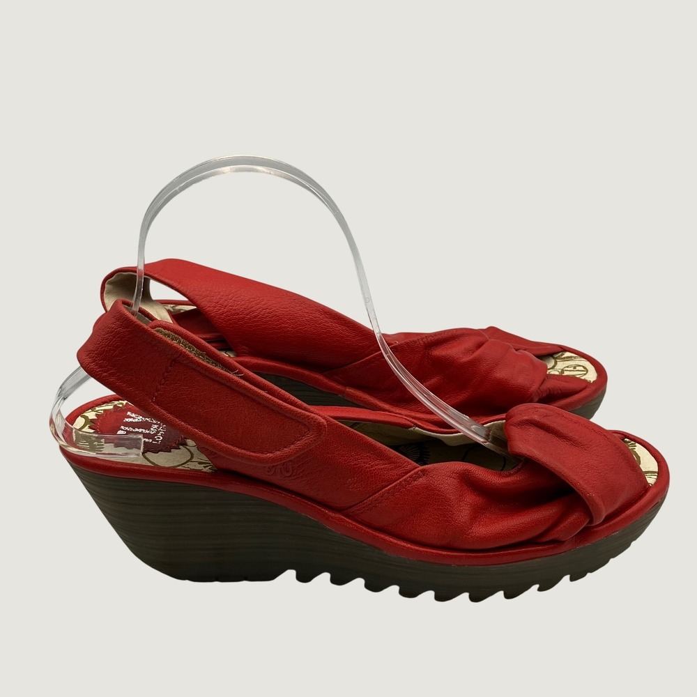 Fly London Yala Red Leather Wedge Sandals Knotted Peep Toe Slingback EU 41